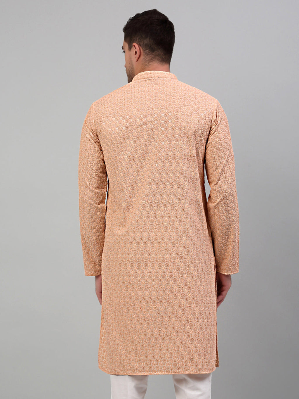 Jompers Men's Peach Chikankari Embroidered and Sequence Kurta Only