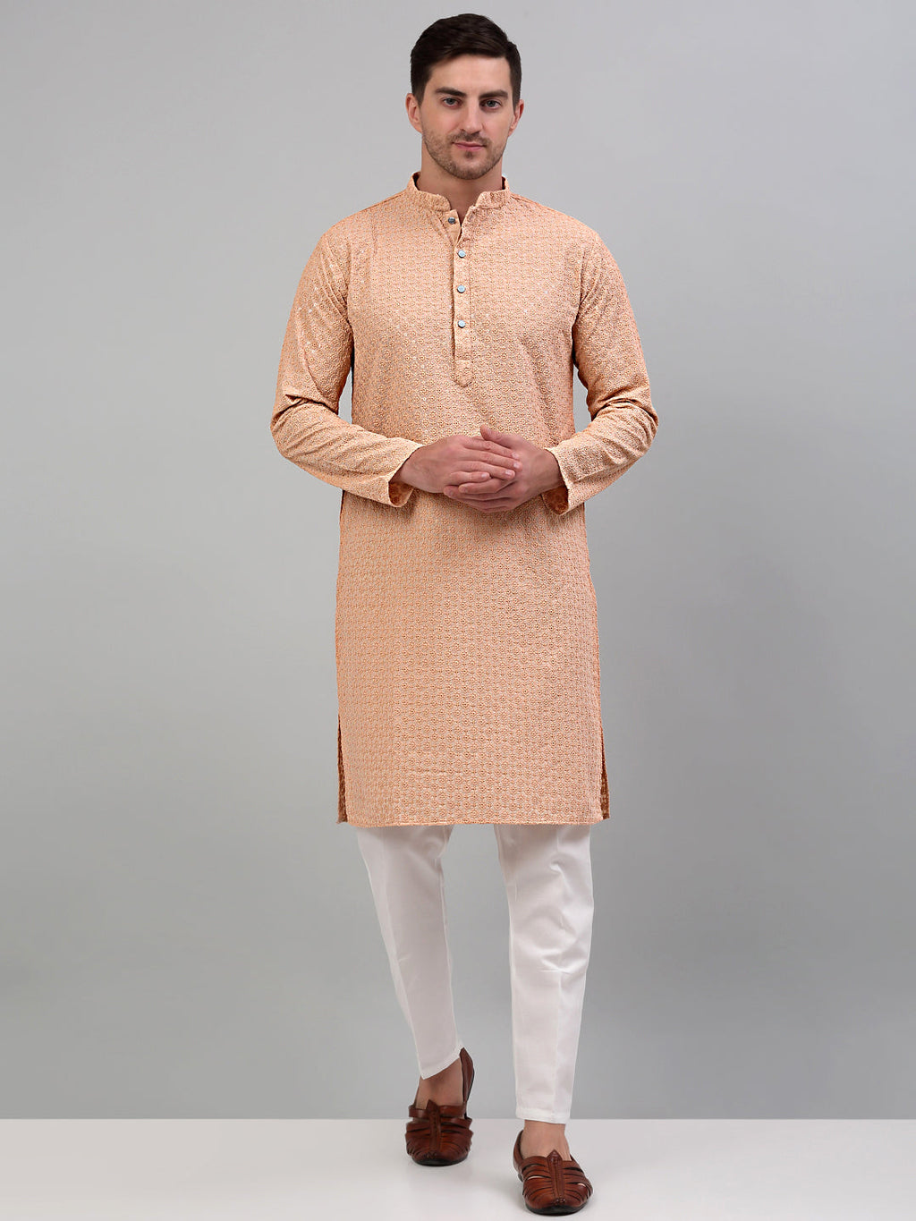 Jompers Men's Peach Chikankari Embroidered and Sequence Kurta Only