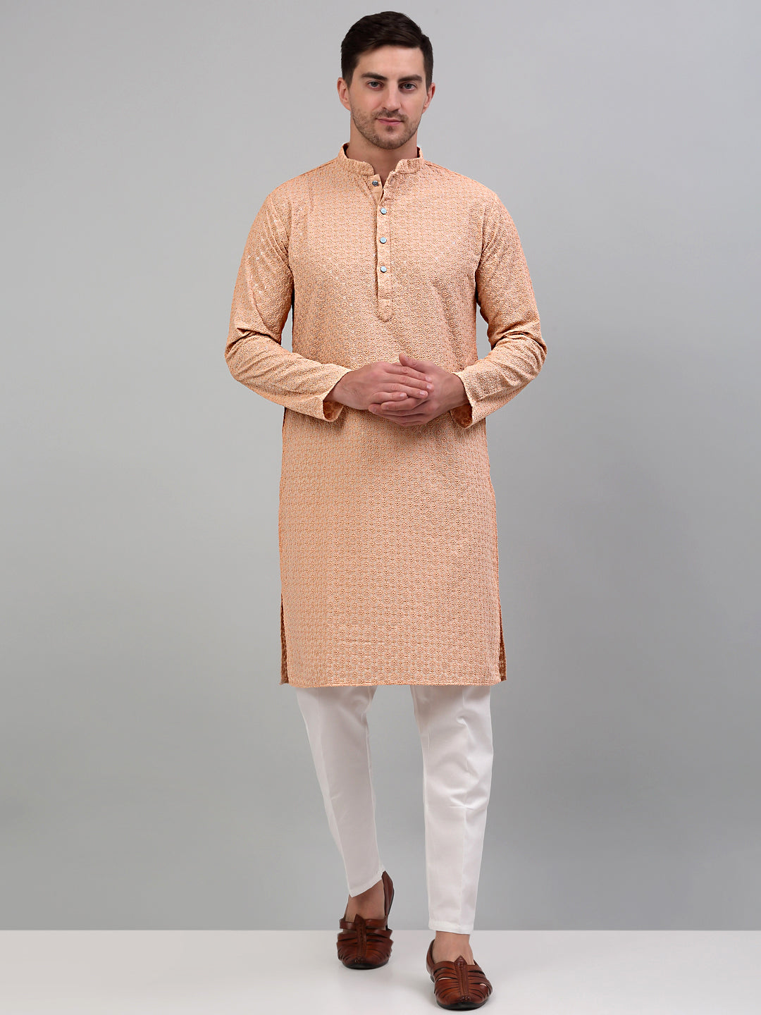 Jompers Men's Peach Chikankari Embroidered and Sequence Kurta Only