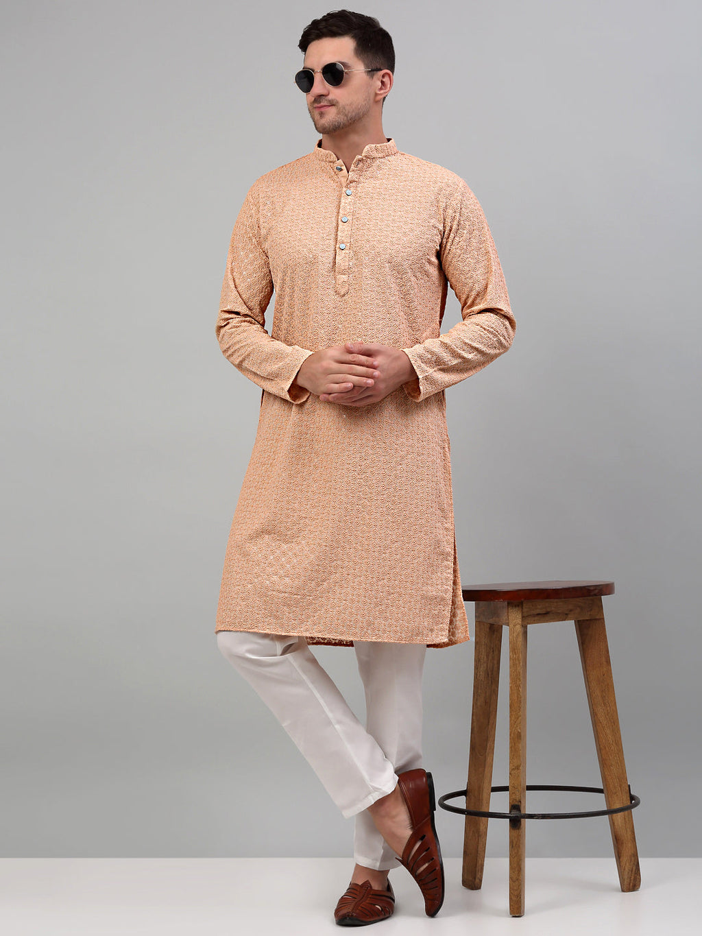 Jompers Men's Peach Chikankari Embroidered and Sequence Kurta Only