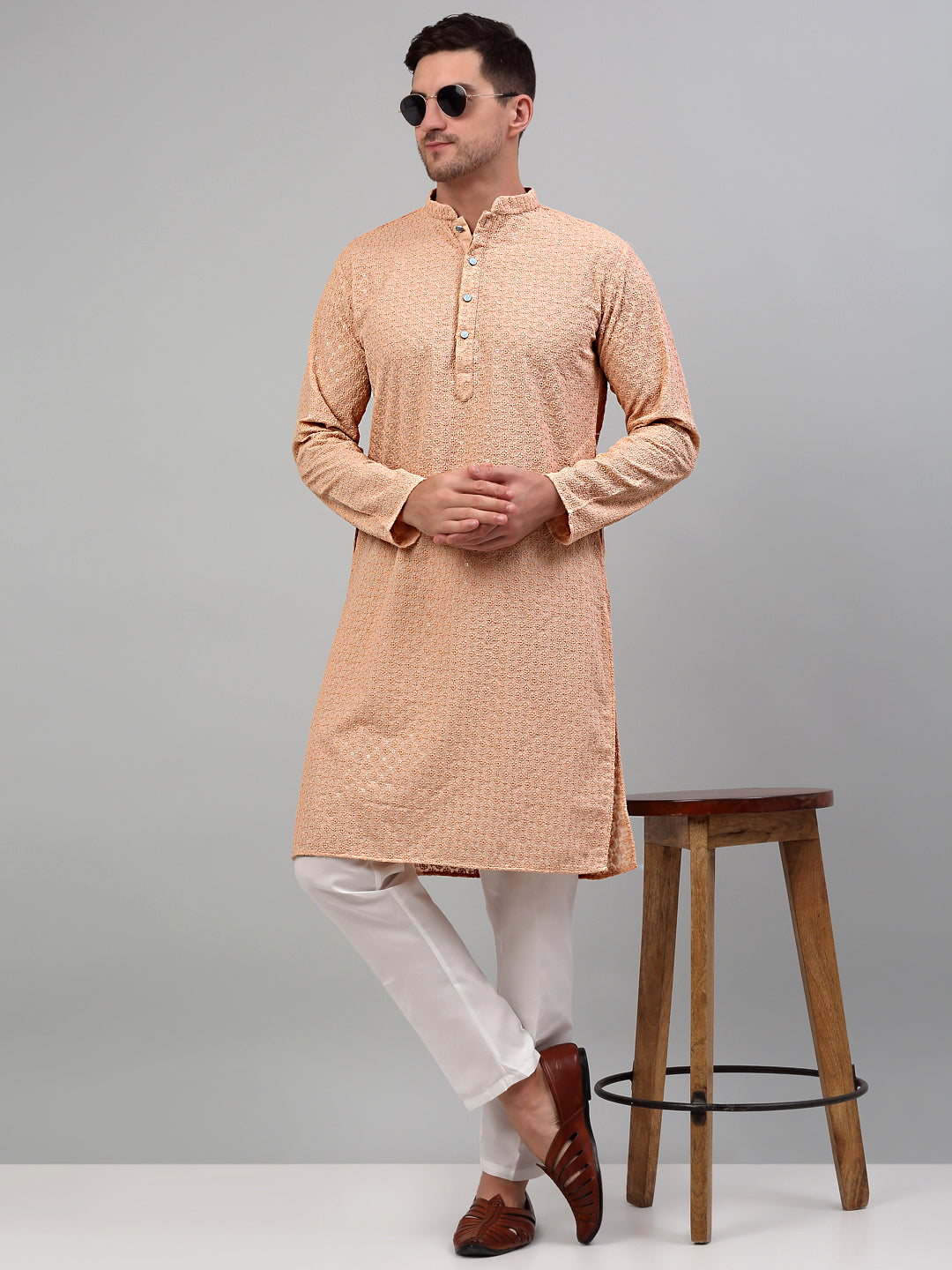 Jompers Men's Peach Chikankari Embroidered and Sequence Kurta Only