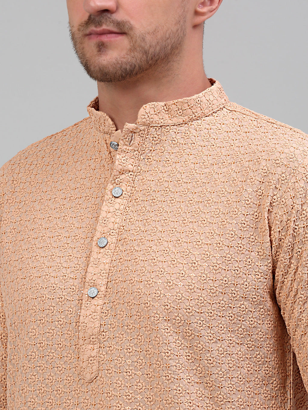 Jompers Men's Peach Chikankari Embroidered and Sequence Kurta Only