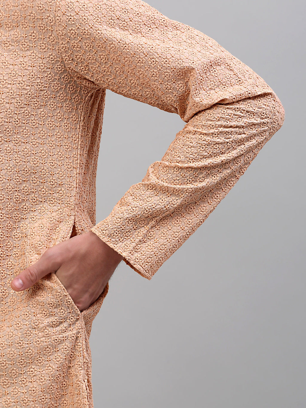 Jompers Men's Peach Chikankari Embroidered and Sequence Kurta Only