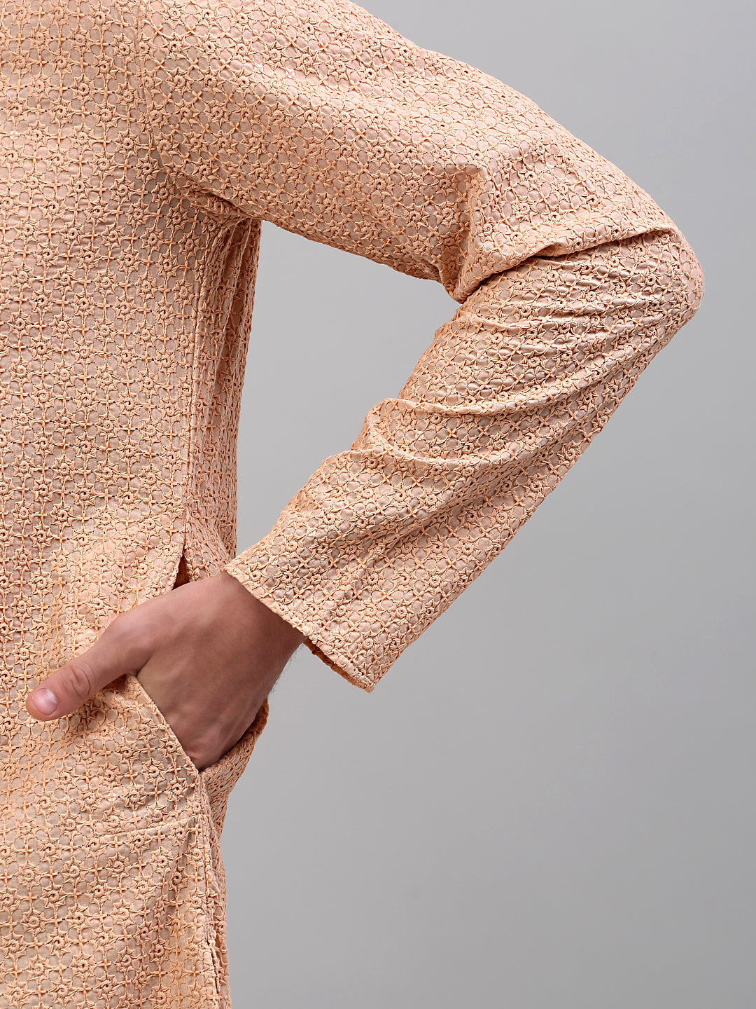 Jompers Men's Peach Chikankari Embroidered and Sequence Kurta Only