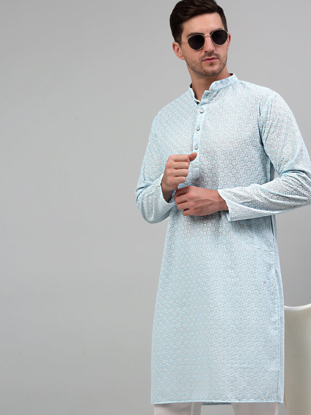 Jompers Men's Sky Blue Chikankari Embroidered and Sequence Kurta Only