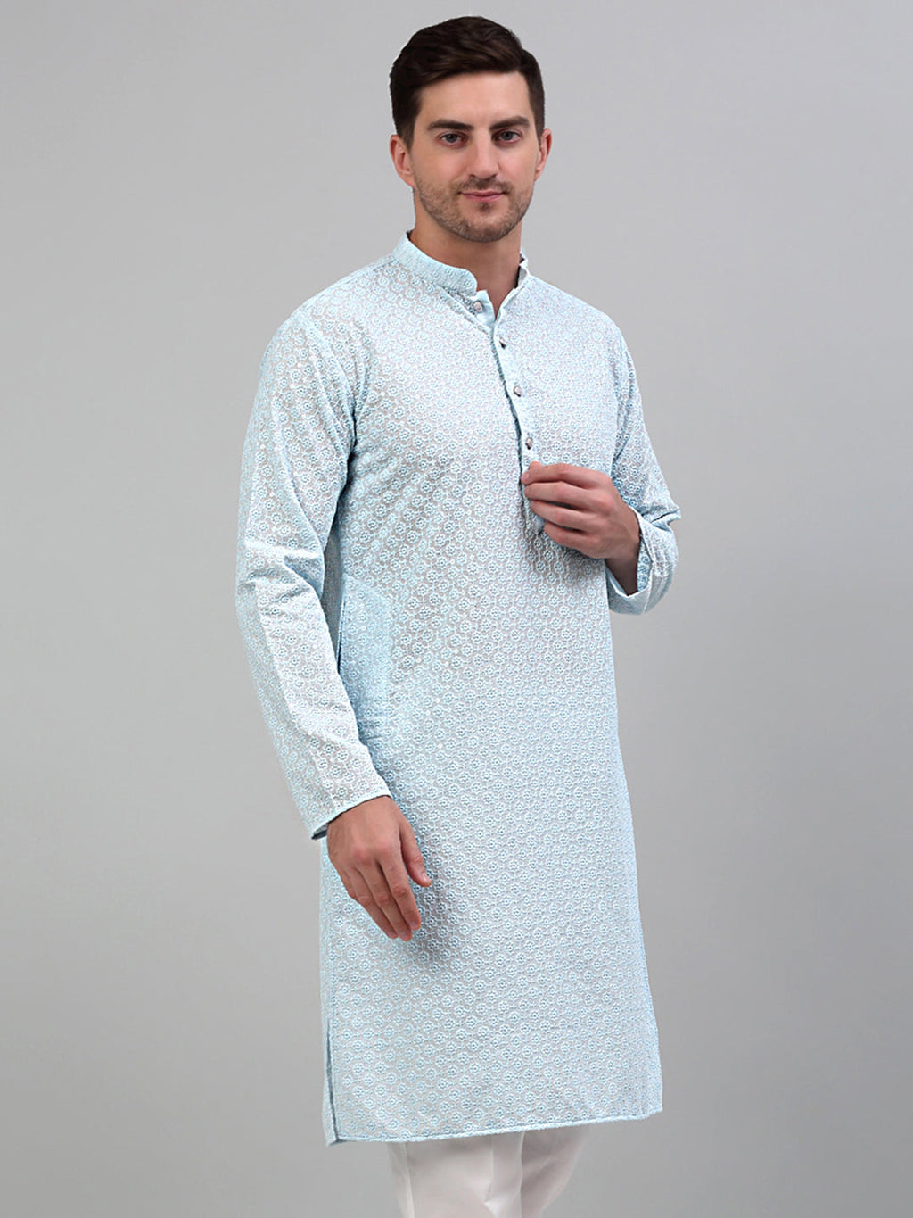 Jompers Men's Sky Blue Chikankari Embroidered and Sequence Kurta Only
