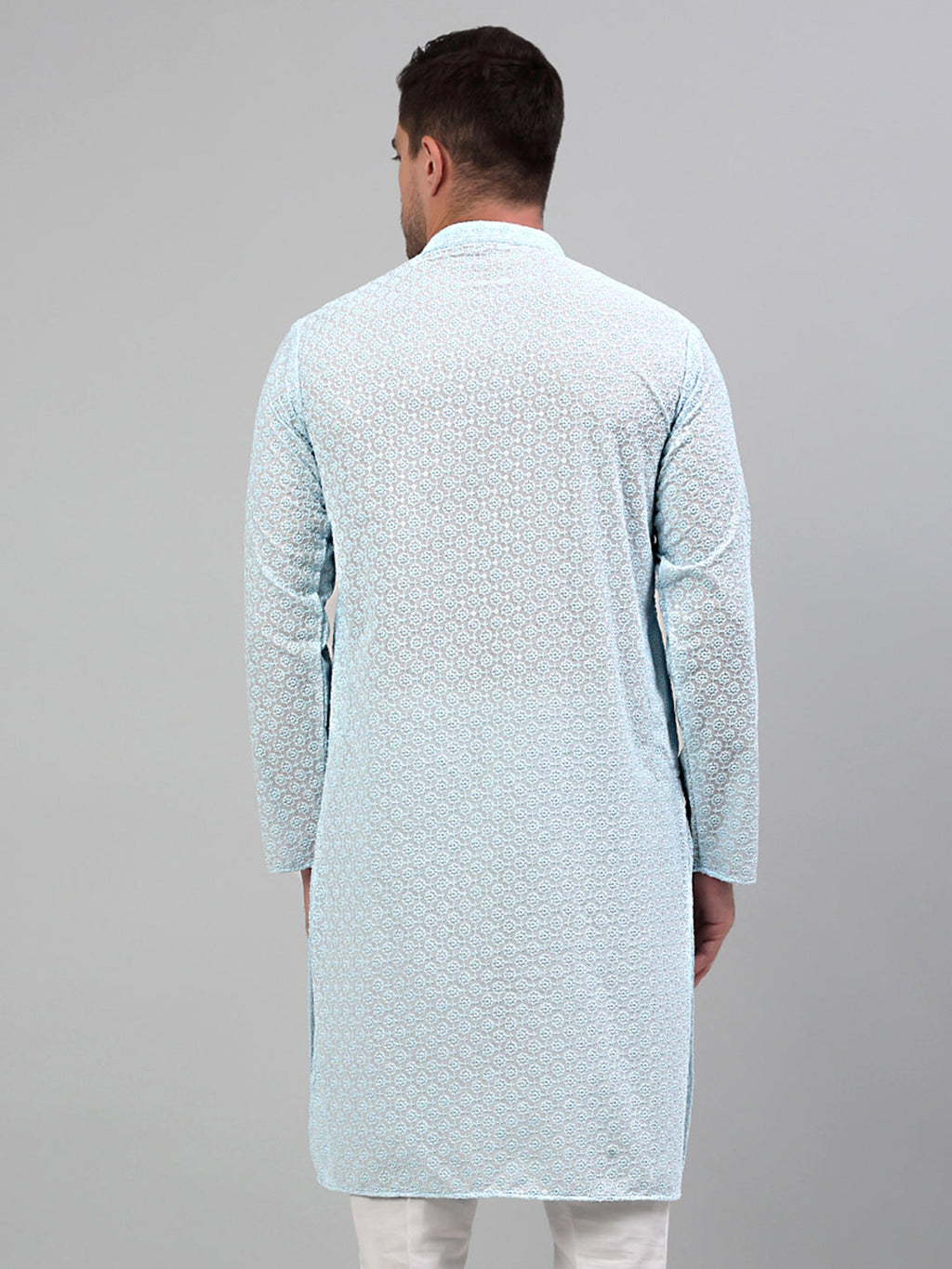 Jompers Men's Sky Blue Chikankari Embroidered and Sequence Kurta Only