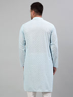 Jompers Men's Sky Blue Chikankari Embroidered and Sequence Kurta Only