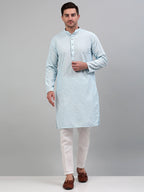 Jompers Men's Sky Blue Chikankari Embroidered and Sequence Kurta Only