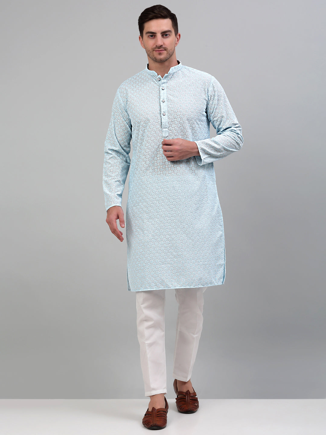 Jompers Men's Sky Blue Chikankari Embroidered and Sequence Kurta Only