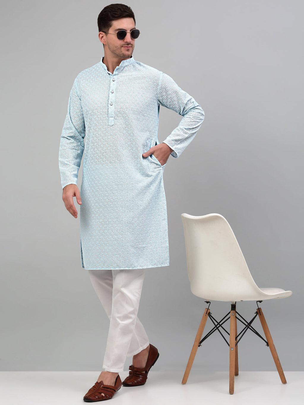 Jompers Men's Sky Blue Chikankari Embroidered and Sequence Kurta Only