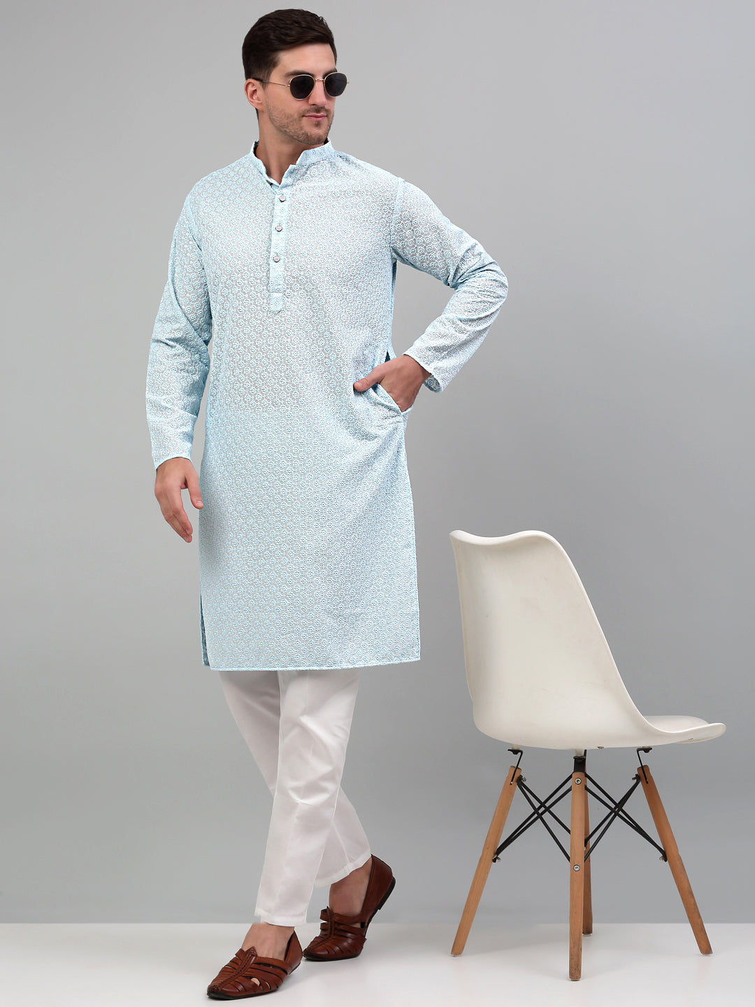 Jompers Men's Sky Blue Chikankari Embroidered and Sequence Kurta Only