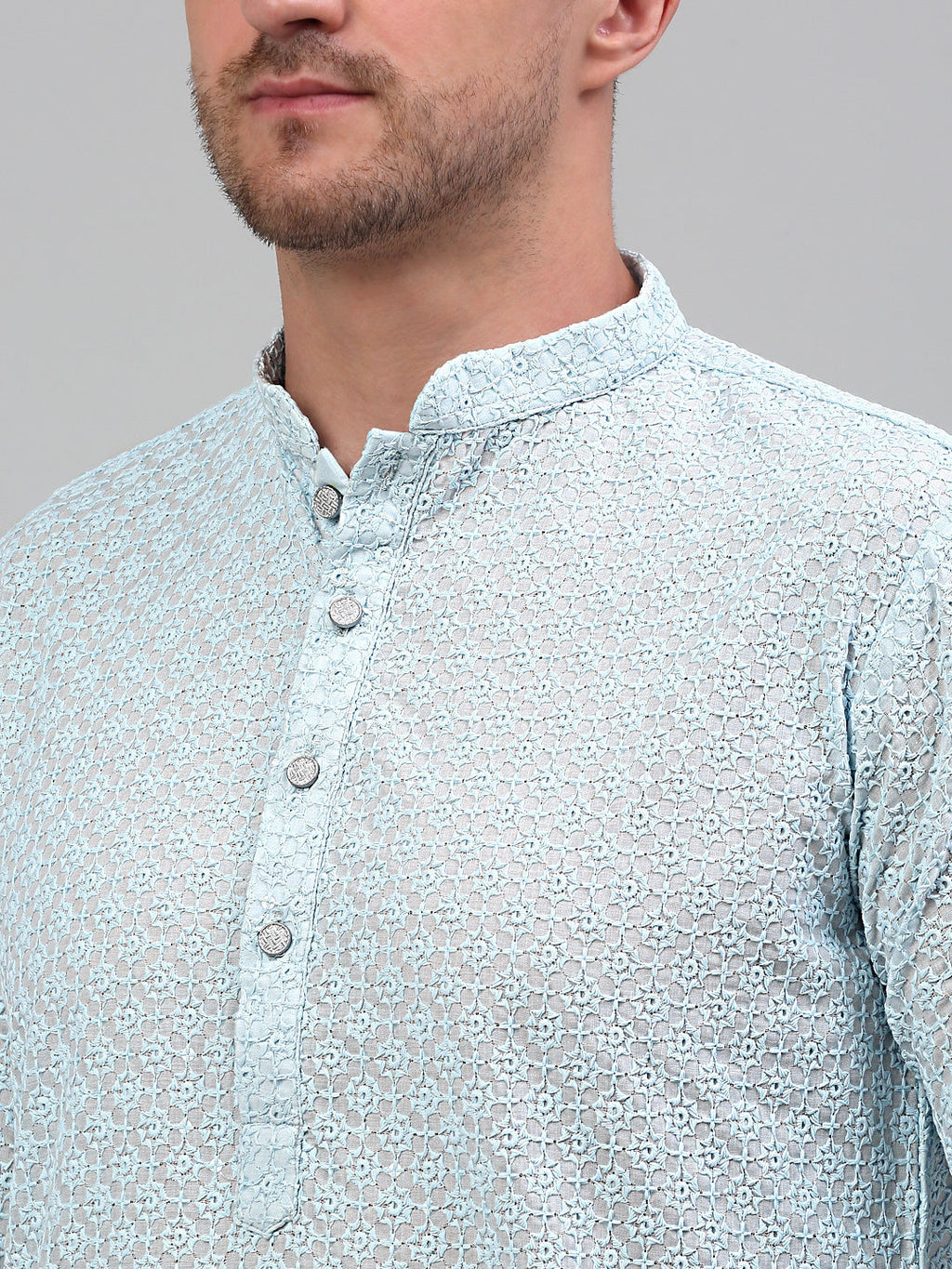 Jompers Men's Sky Blue Chikankari Embroidered and Sequence Kurta Only