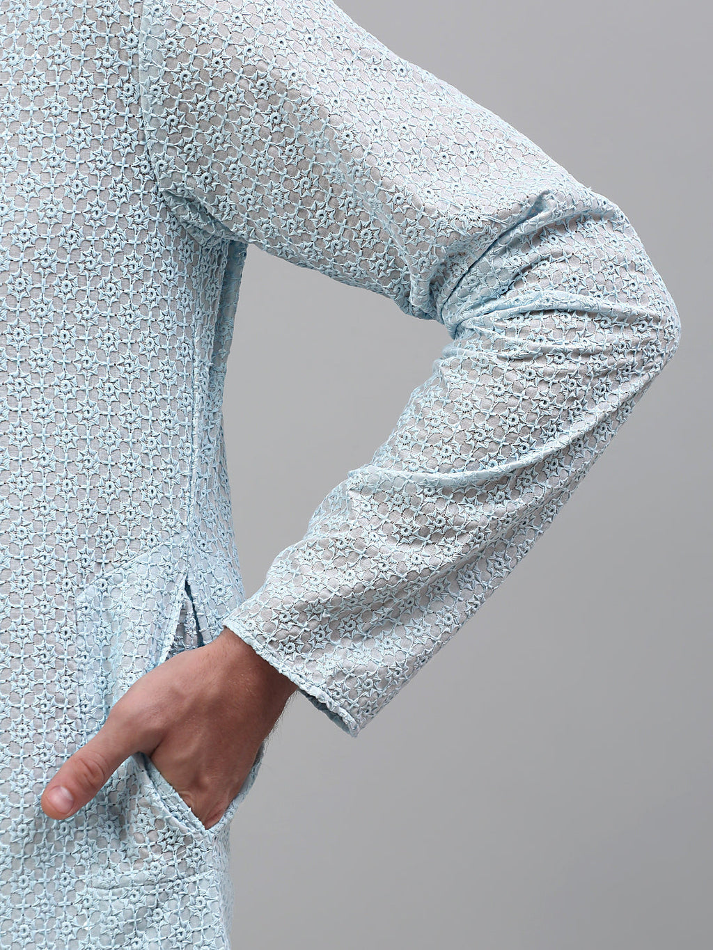 Jompers Men's Sky Blue Chikankari Embroidered and Sequence Kurta Only