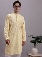 Jompers Men's Yellow Chikankari Embroidered and Sequence Kurta