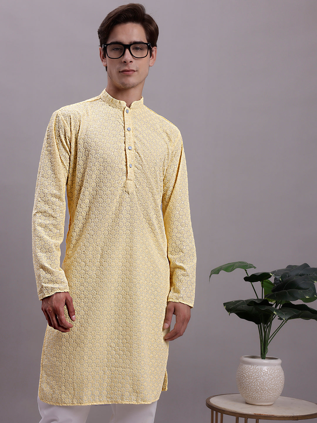 Jompers Men's Yellow Chikankari Embroidered and Sequence Kurta