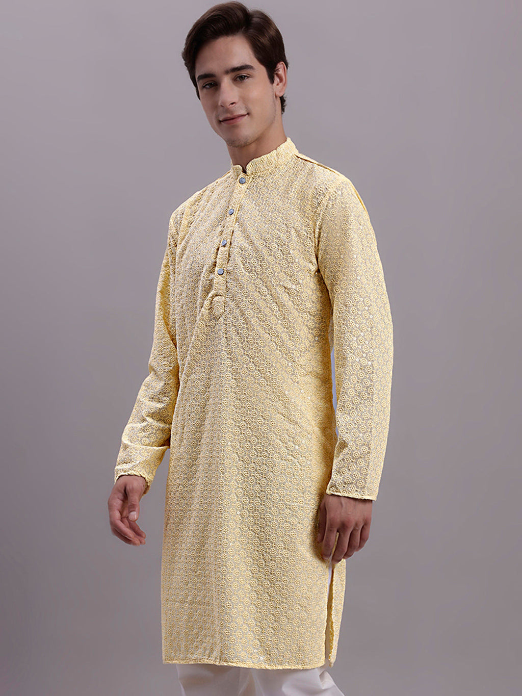 Jompers Men's Yellow Chikankari Embroidered and Sequence Kurta