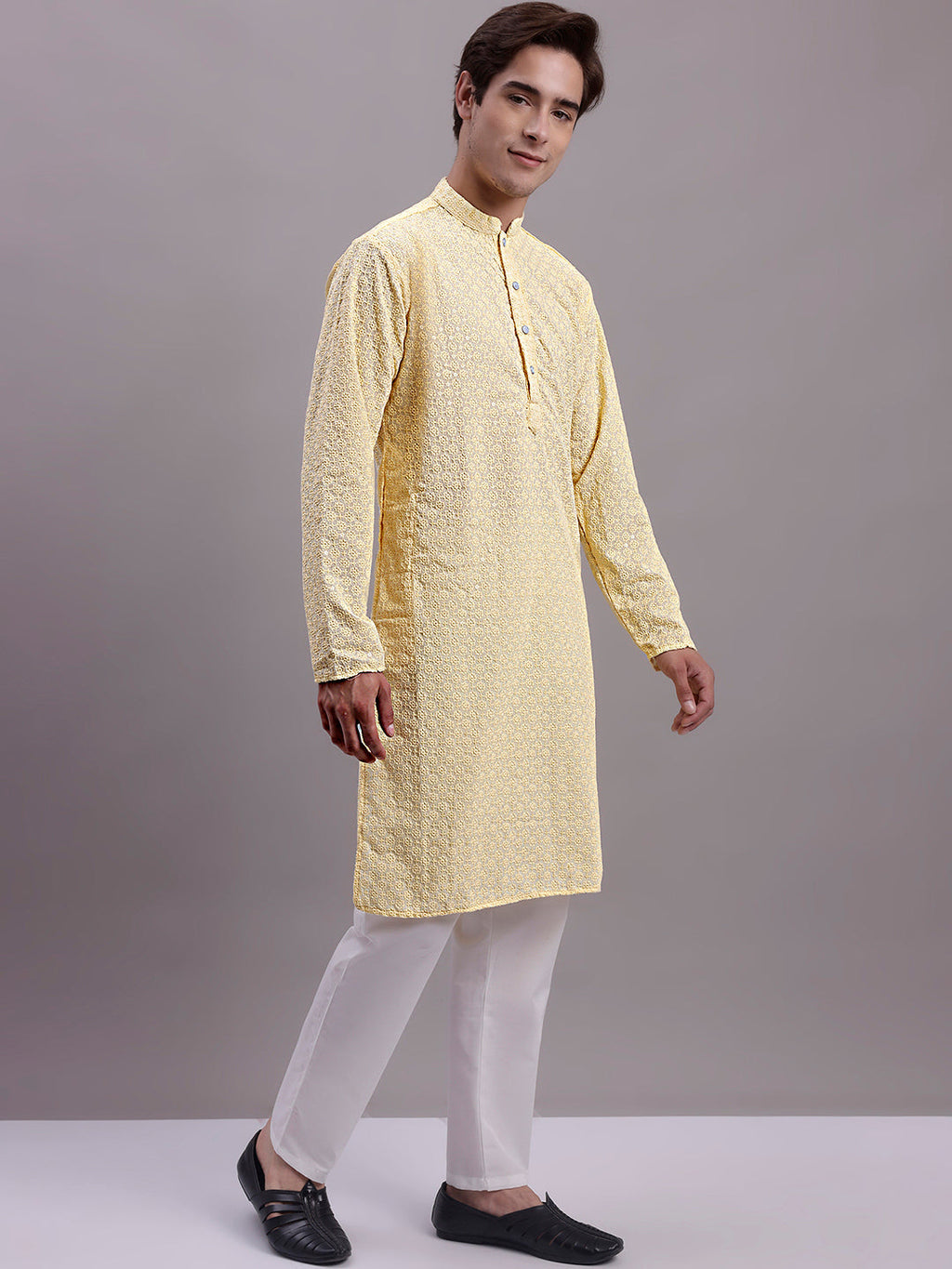 Jompers Men's Yellow Chikankari Embroidered and Sequence Kurta