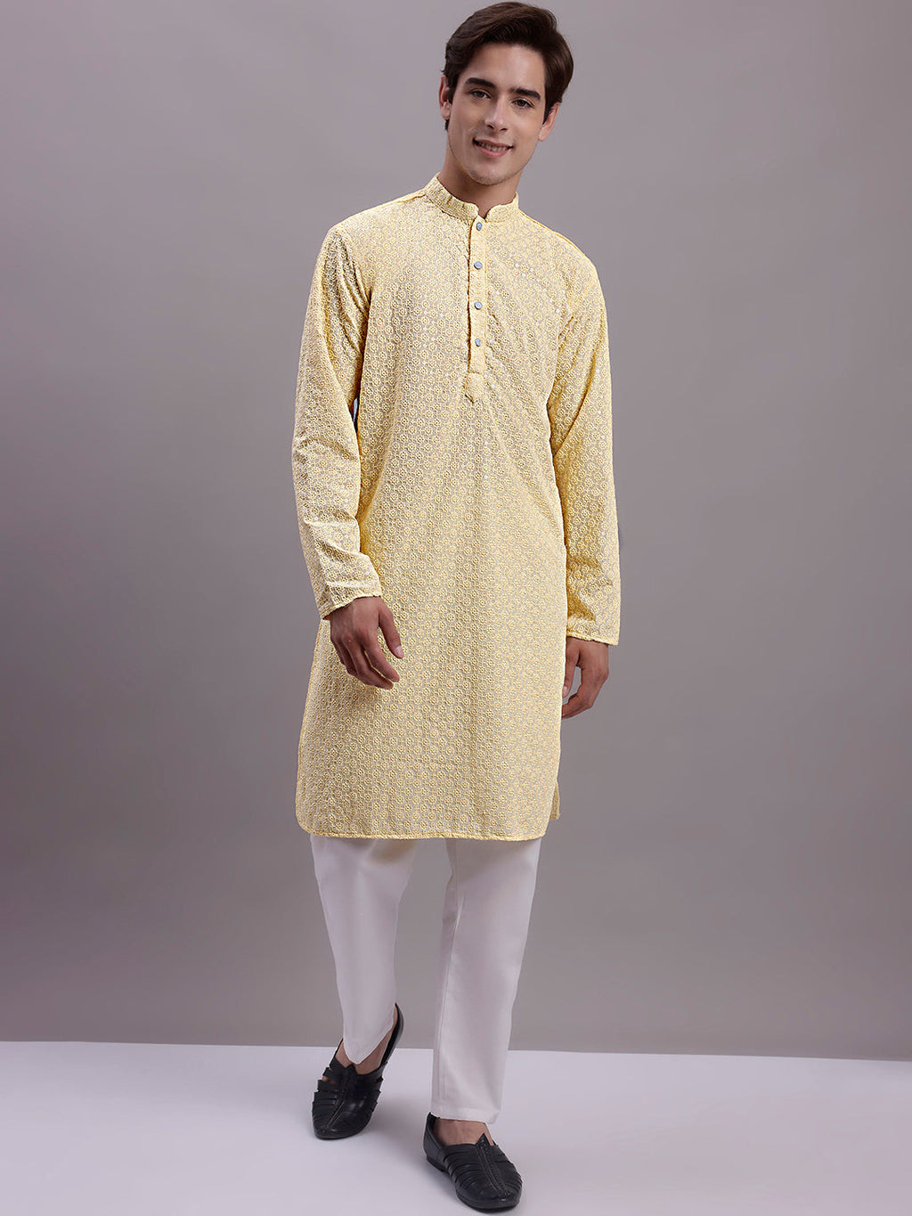 Jompers Men's Yellow Chikankari Embroidered and Sequence Kurta