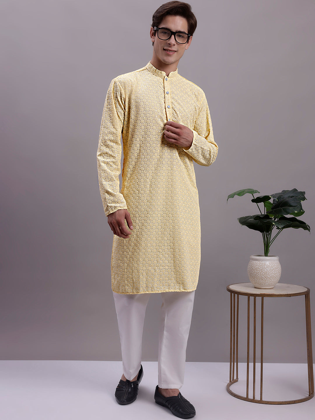 Jompers Men's Yellow Chikankari Embroidered and Sequence Kurta