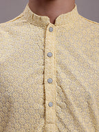 Jompers Men's Yellow Chikankari Embroidered and Sequence Kurta