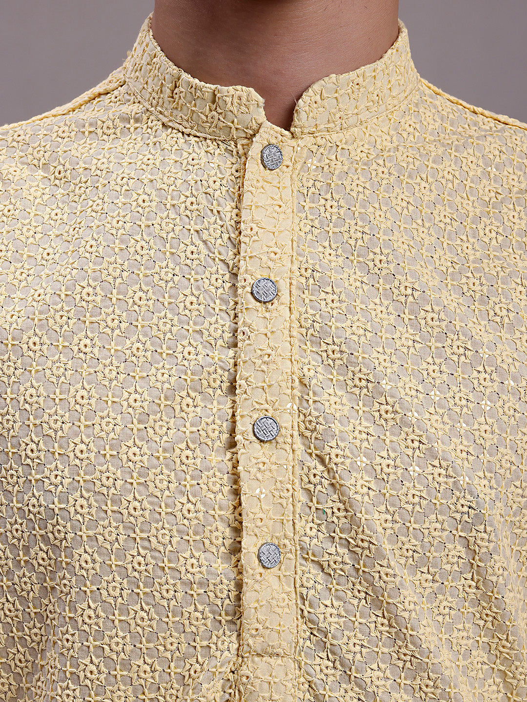 Jompers Men's Yellow Chikankari Embroidered and Sequence Kurta