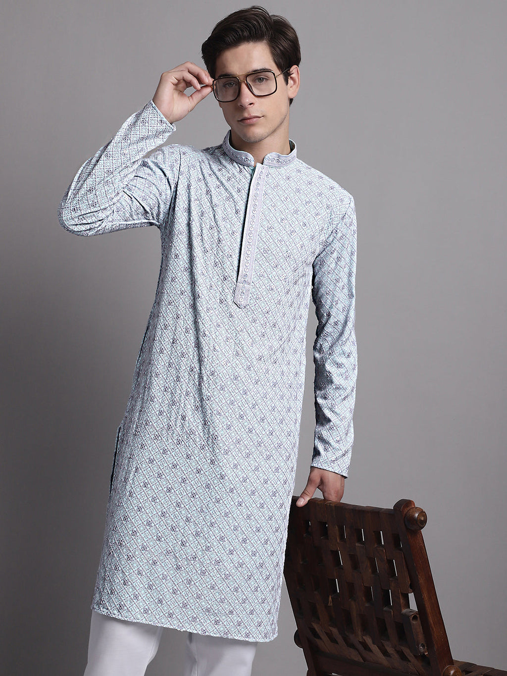 Jompers Men's Blue Chikankari Embroidered and Sequence Kurta