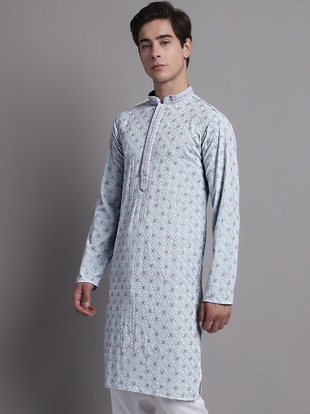 Jompers Men's Blue Chikankari Embroidered and Sequence Kurta
