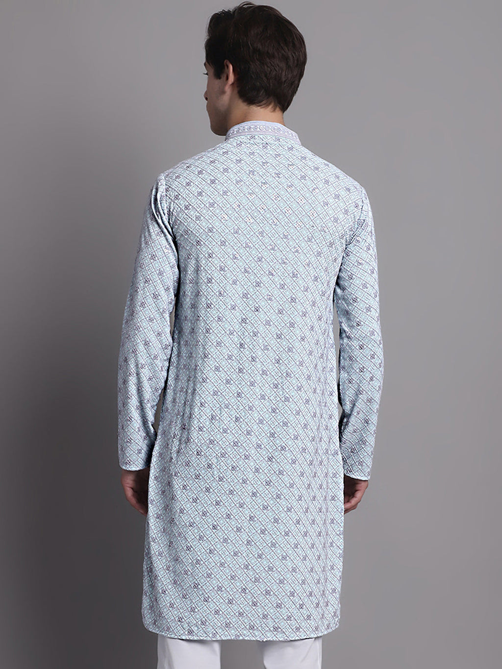 Jompers Men's Blue Chikankari Embroidered and Sequence Kurta