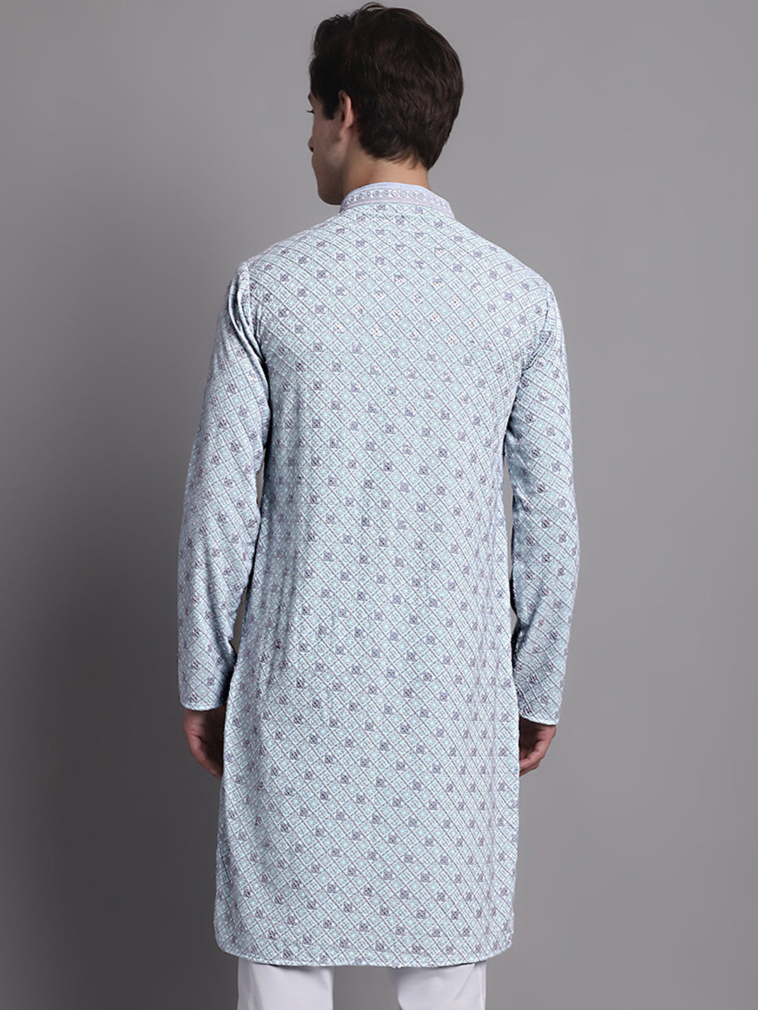 Jompers Men's Blue Chikankari Embroidered and Sequence Kurta