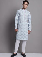 Jompers Men's Blue Chikankari Embroidered and Sequence Kurta