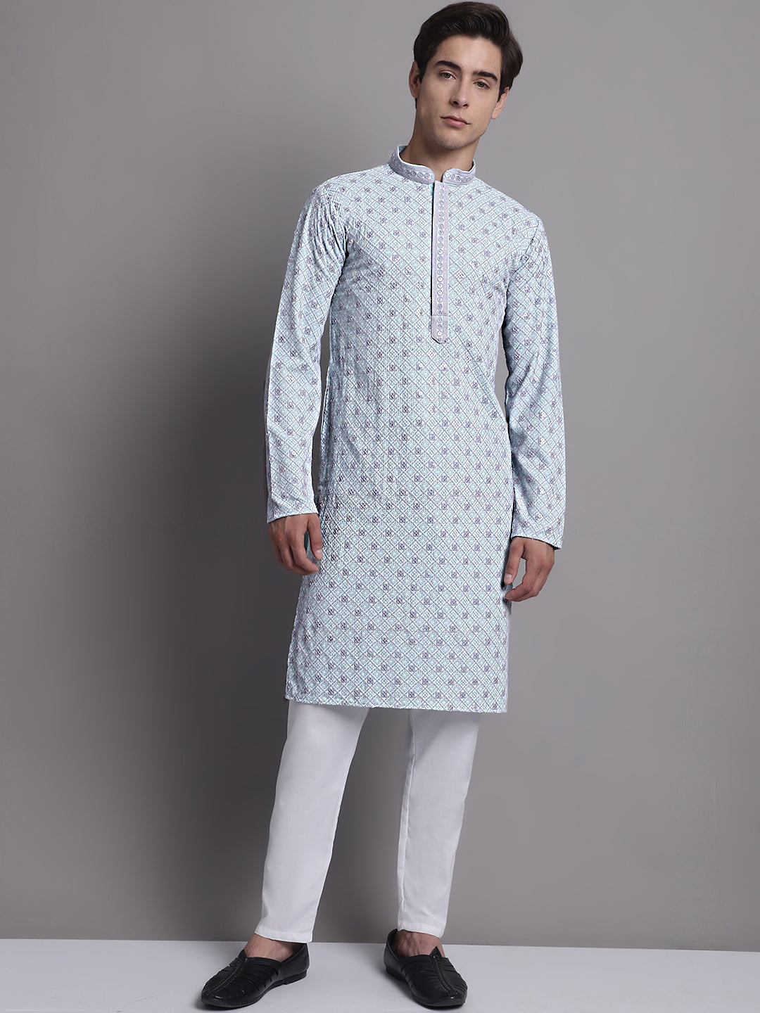 Jompers Men's Blue Chikankari Embroidered and Sequence Kurta