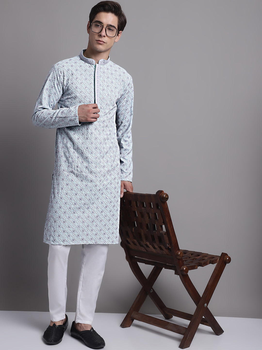 Jompers Men's Blue Chikankari Embroidered and Sequence Kurta