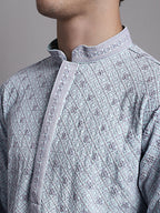 Jompers Men's Blue Chikankari Embroidered and Sequence Kurta