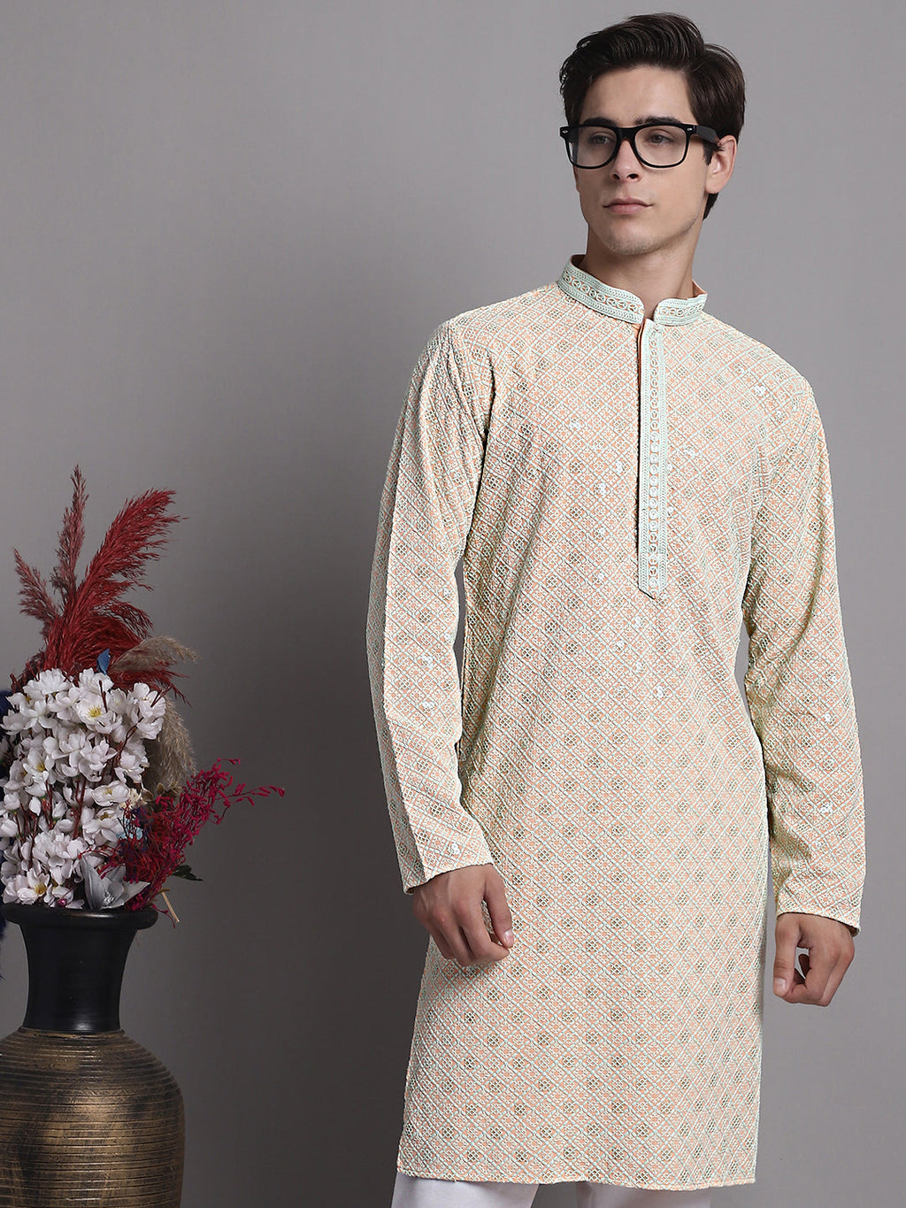 Jompers Men's Peach Chikankari Embroidered and Sequence Kurta