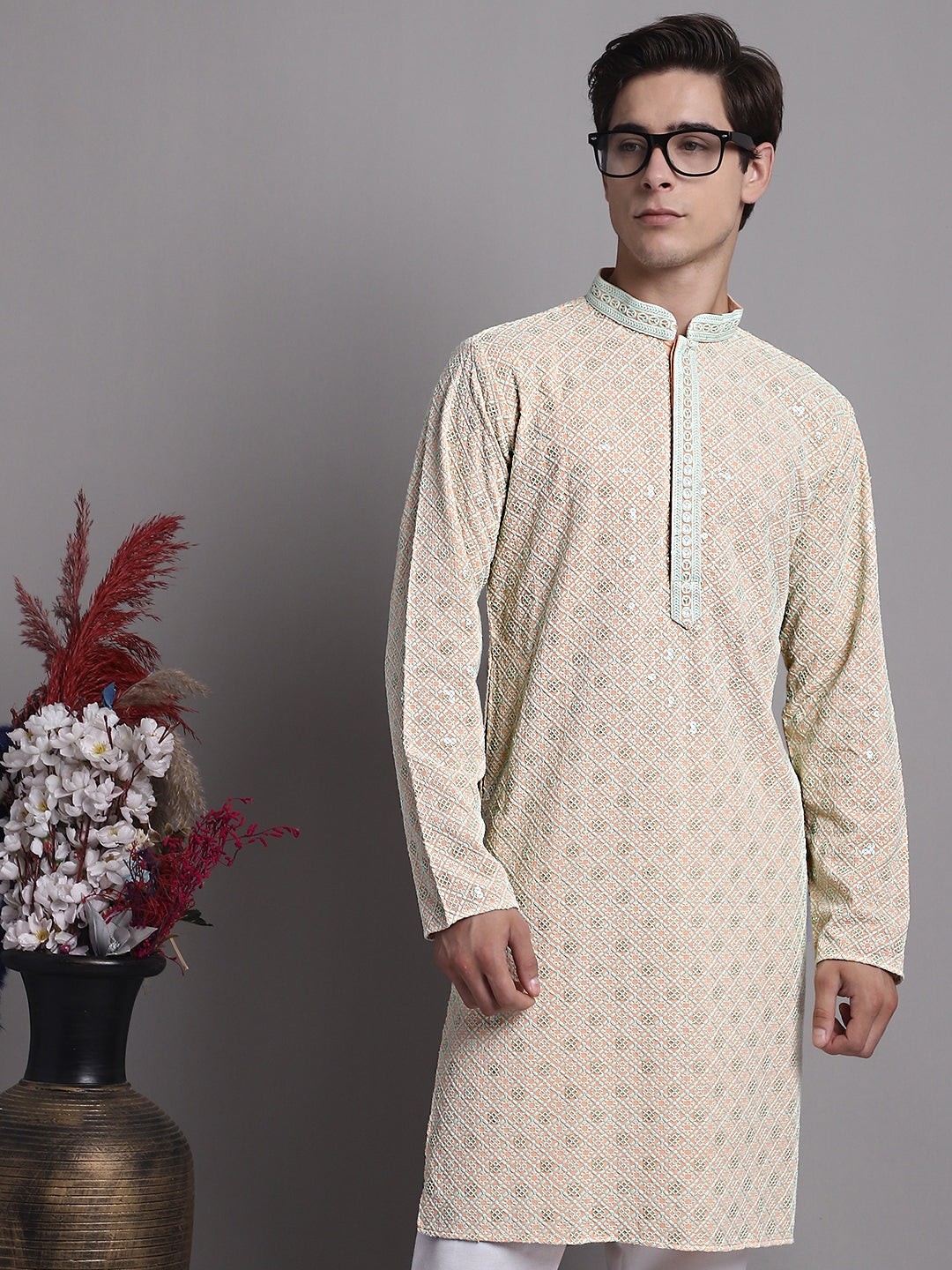 Jompers Men's Peach Chikankari Embroidered and Sequence Kurta