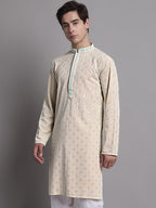Jompers Men's Peach Chikankari Embroidered and Sequence Kurta