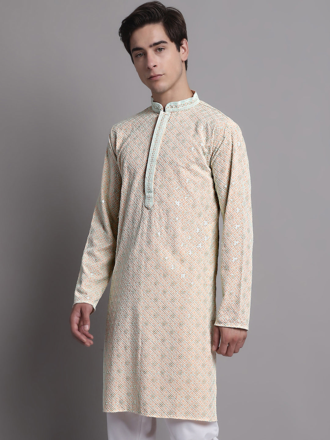Jompers Men's Peach Chikankari Embroidered and Sequence Kurta