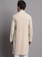Jompers Men's Peach Chikankari Embroidered and Sequence Kurta