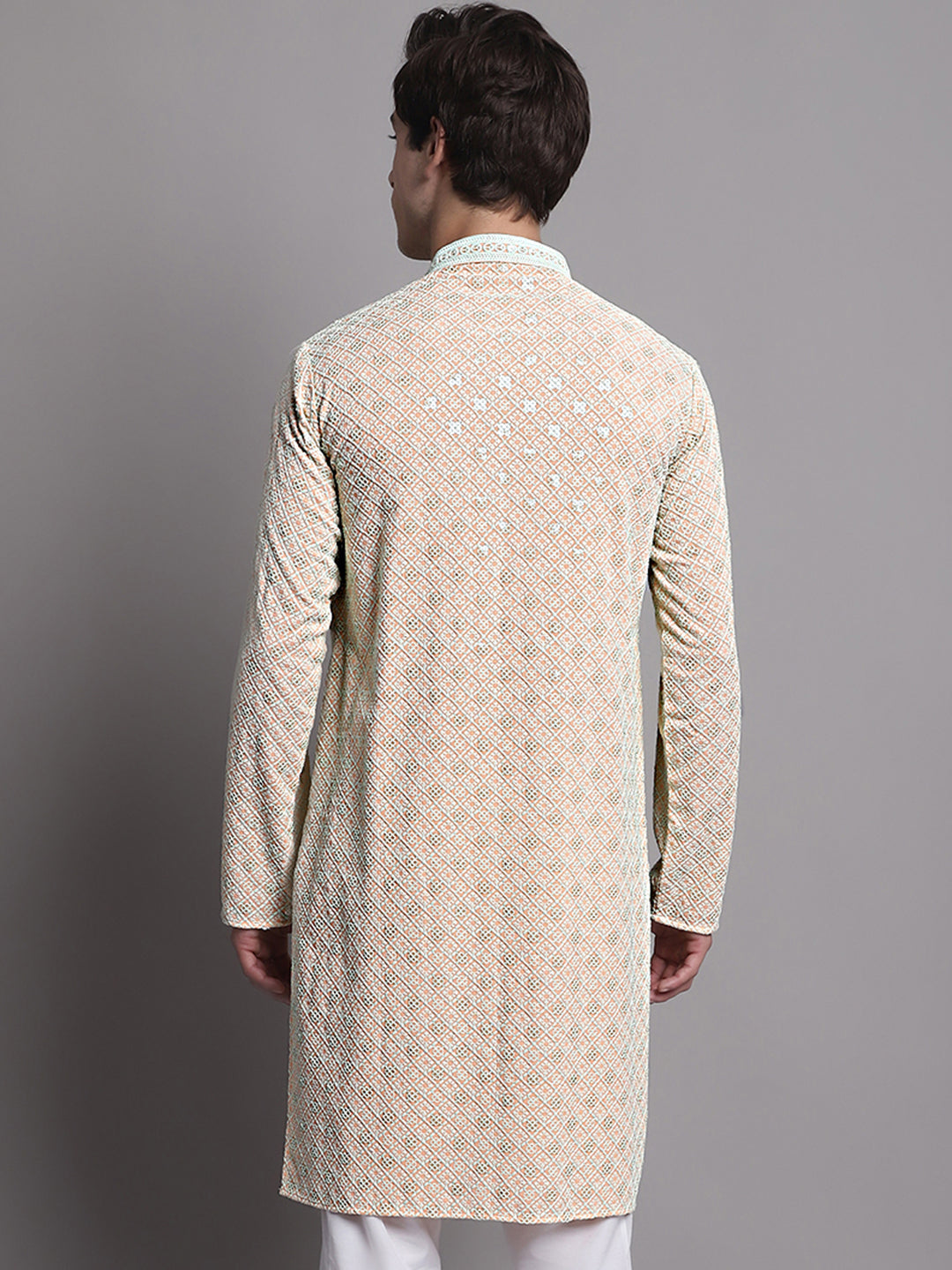 Jompers Men's Peach Chikankari Embroidered and Sequence Kurta