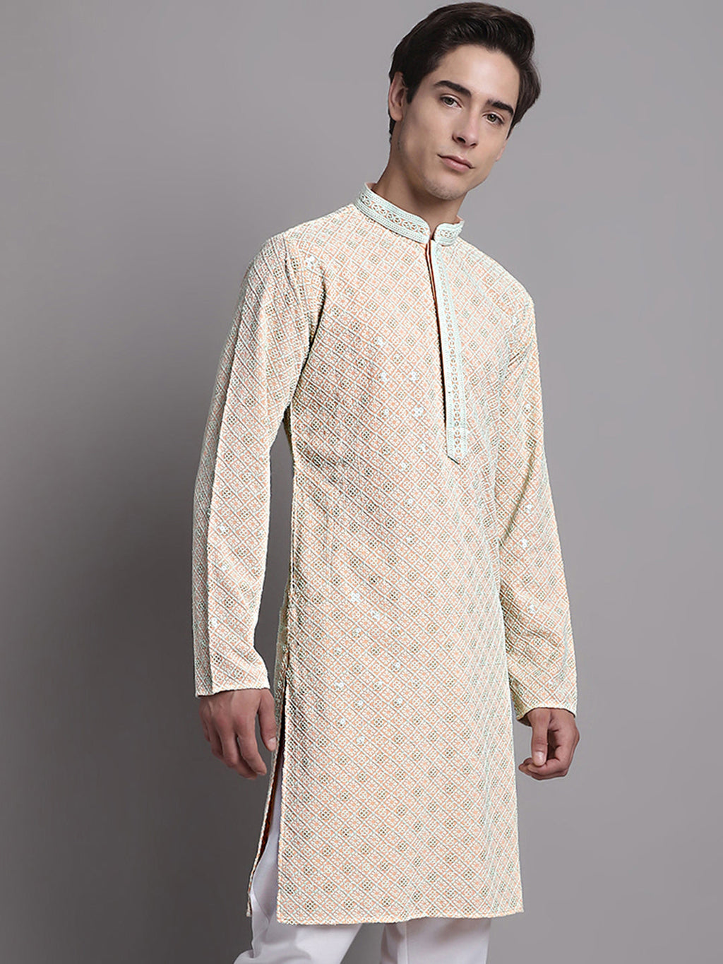 Jompers Men's Peach Chikankari Embroidered and Sequence Kurta