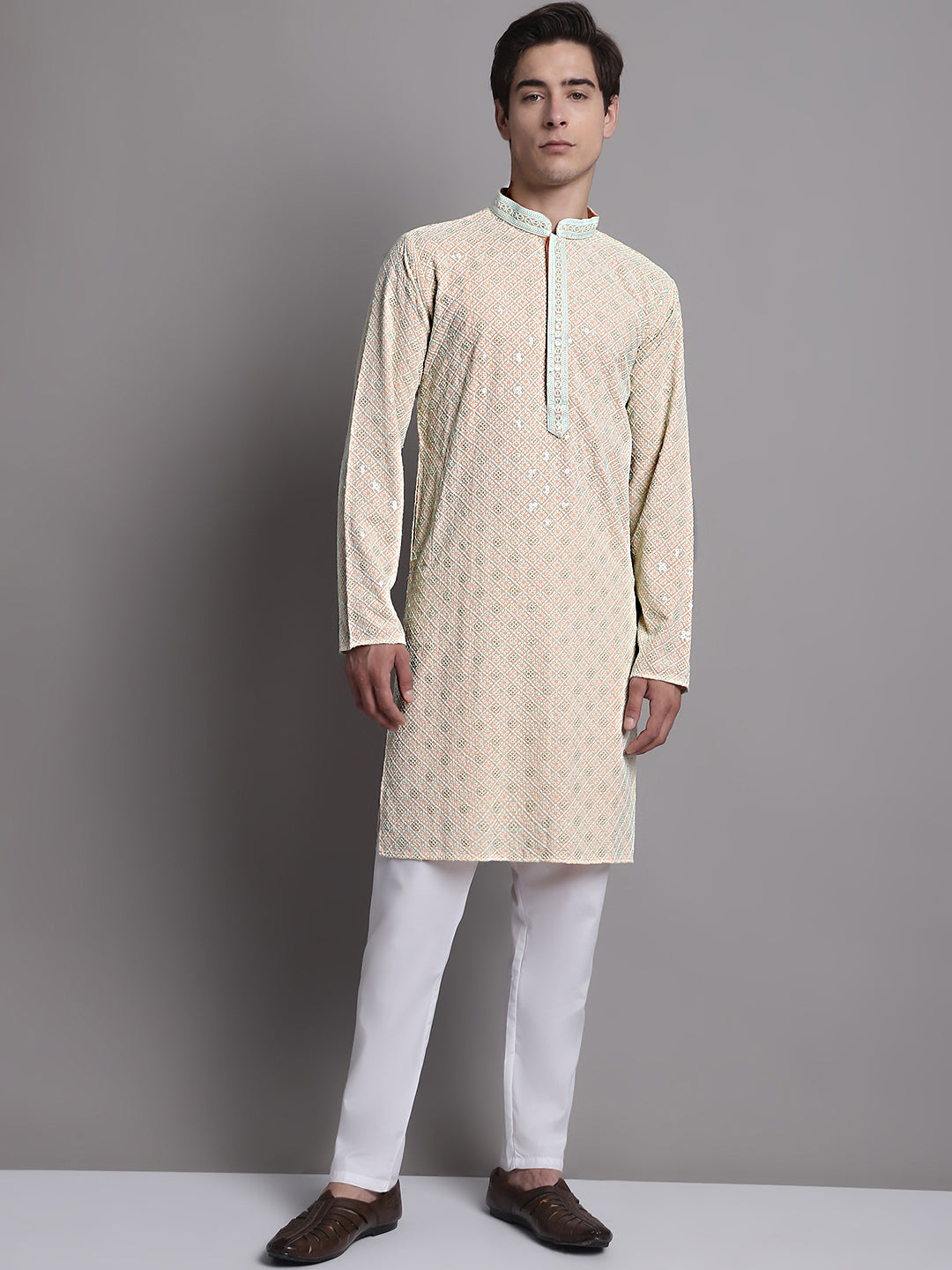 Jompers Men's Peach Chikankari Embroidered and Sequence Kurta