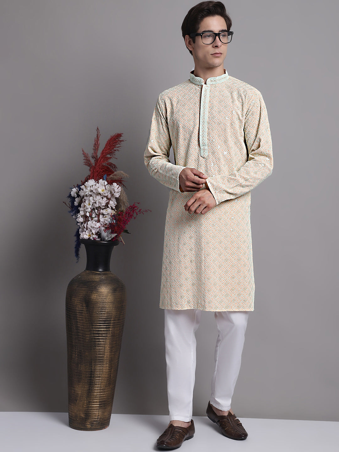 Jompers Men's Peach Chikankari Embroidered and Sequence Kurta