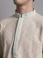 Jompers Men's Peach Chikankari Embroidered and Sequence Kurta