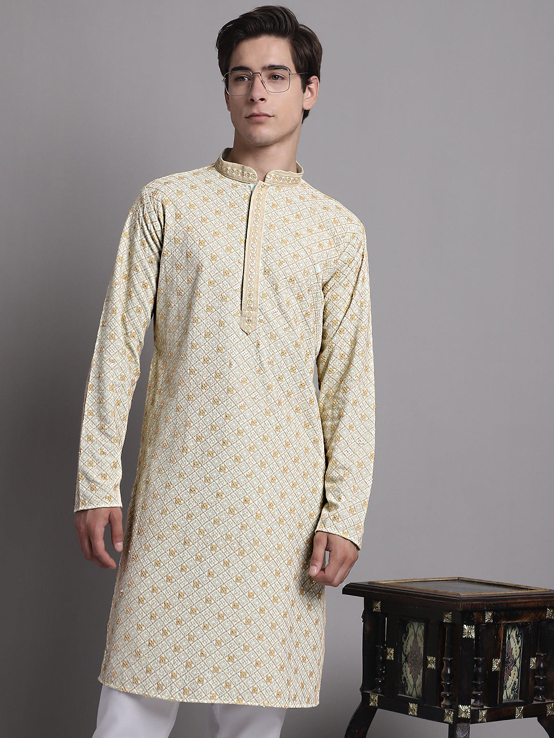 Jompers Men's Light Green Chikankari Embroidered and Sequence Kurta