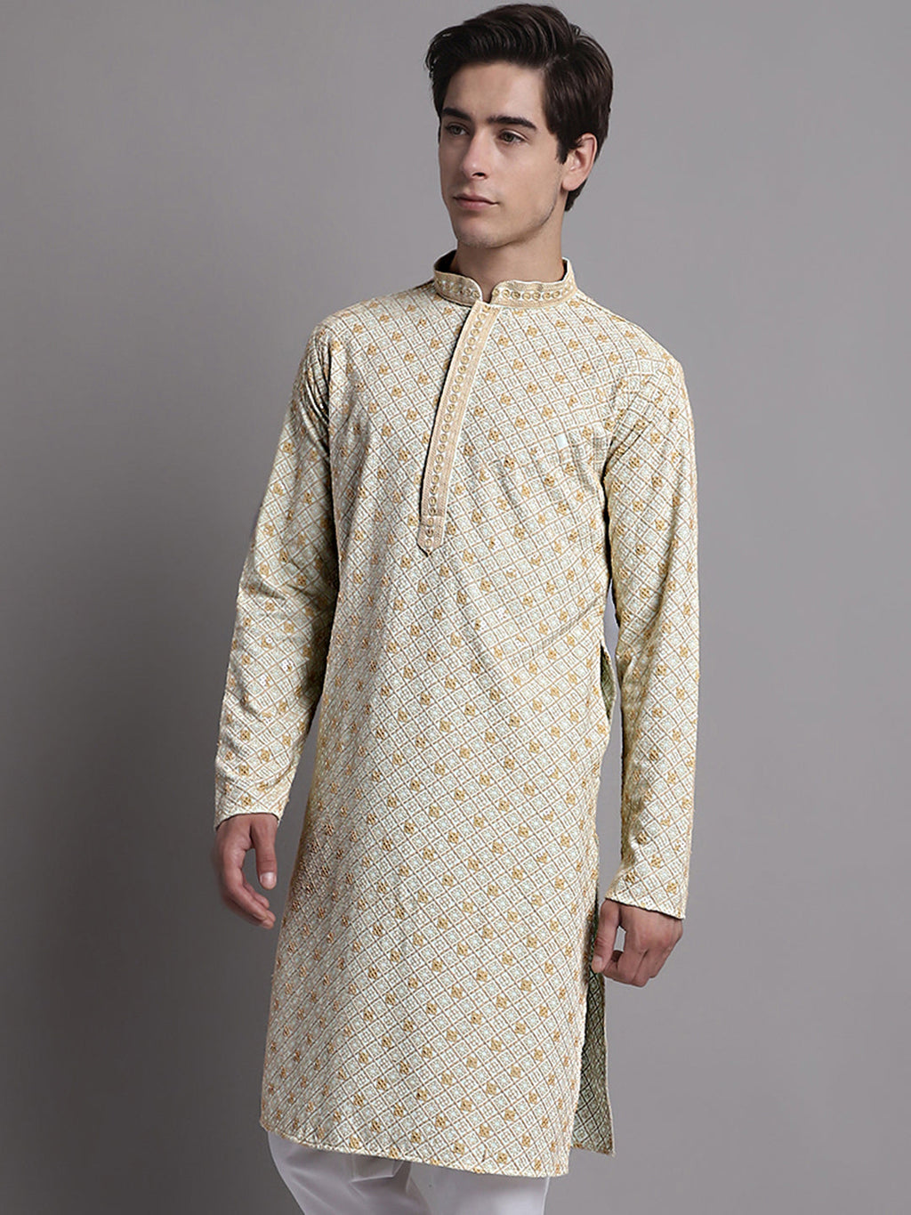 Jompers Men's Light Green Chikankari Embroidered and Sequence Kurta