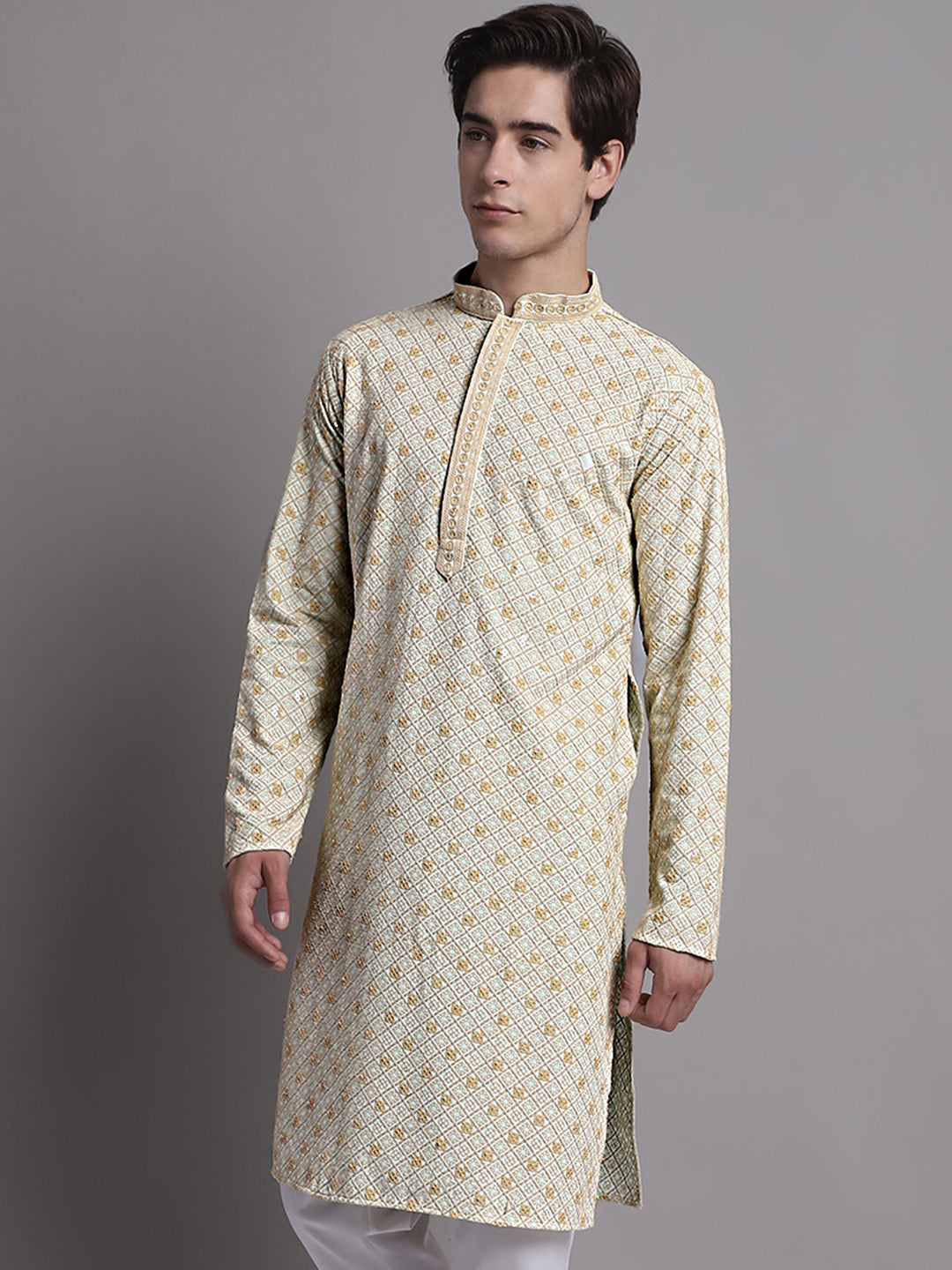 Jompers Men's Light Green Chikankari Embroidered and Sequence Kurta
