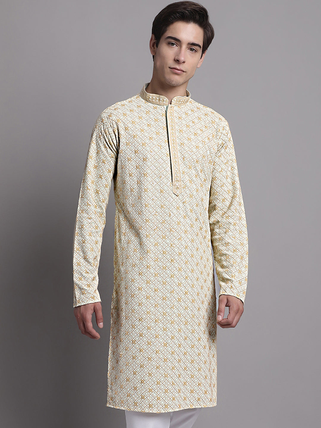 Jompers Men's Light Green Chikankari Embroidered and Sequence Kurta