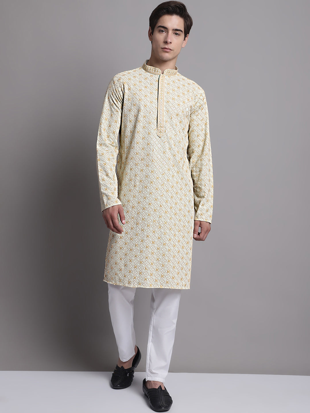 Jompers Men's Light Green Chikankari Embroidered and Sequence Kurta