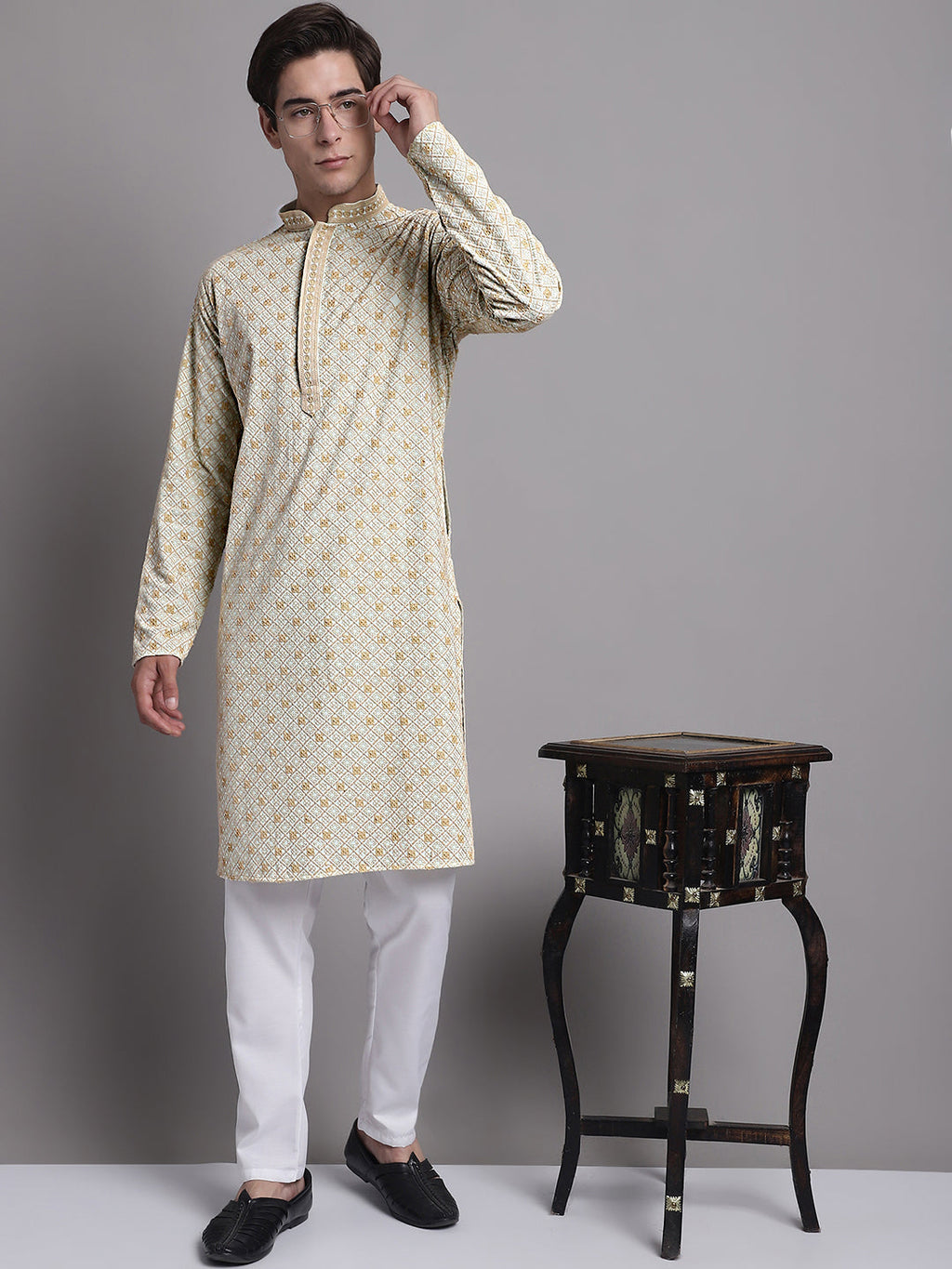 Jompers Men's Light Green Chikankari Embroidered and Sequence Kurta